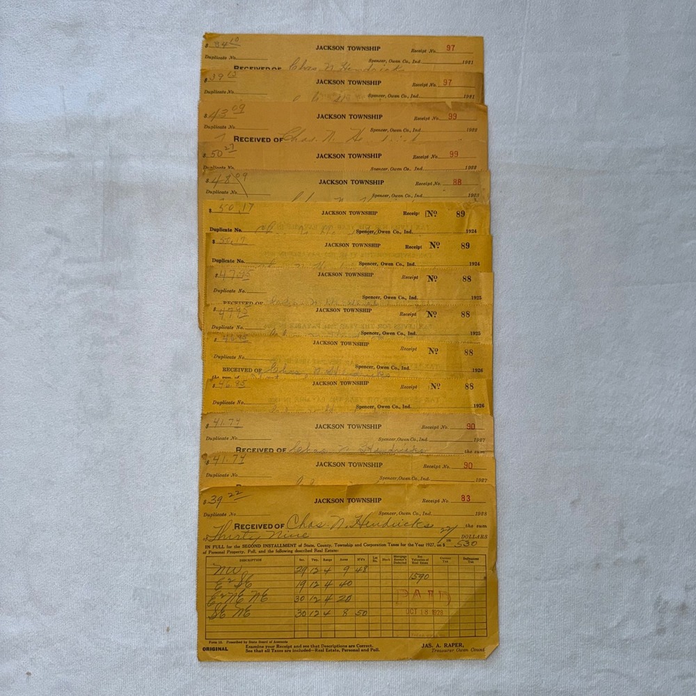 Vintage 1920s Jackson Township Spencer Owen‎ County Indiana Tax Receipt Ephemera